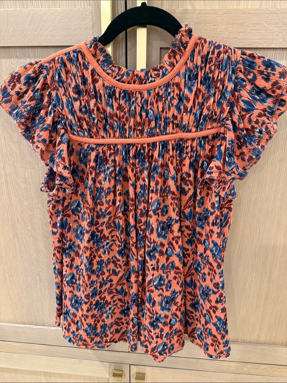 Ulla Johnson Orange and Navy Floral Pleated Flutter-Sleeve Blouse
